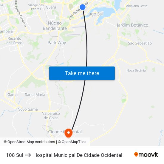 108 Sul to Hospital Municipal De Cidade Ocidental map