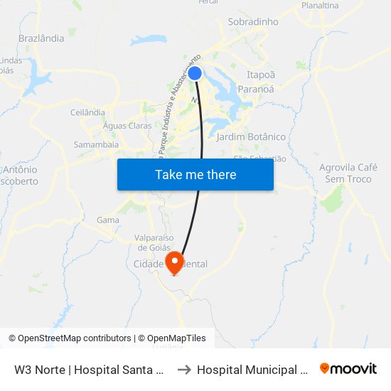 W3 Norte | Hospital Santa Helena / Santa Lúcia Norte to Hospital Municipal De Cidade Ocidental map