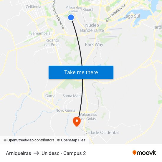 Arniqueiras to Unidesc - Campus 2 map