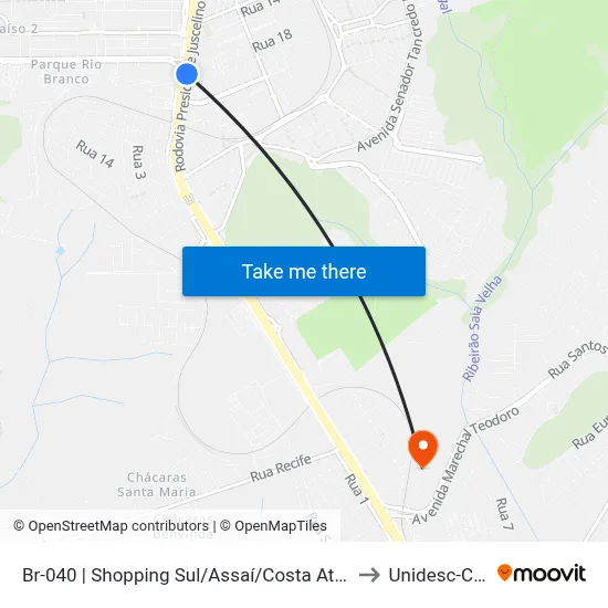Br-040 | Shopping Sul/Assaí/Costa Atacadão (Passarela Azul) to Unidesc-Campus 1 map