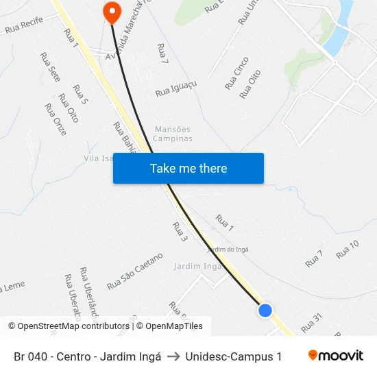 Br 040 - Centro - Jardim Ingá to Unidesc-Campus 1 map