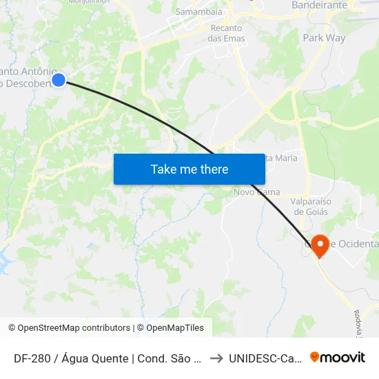 DF-280 / Água Quente | Cond. São Francisco, Qd. 1 to UNIDESC-Campus 1 map