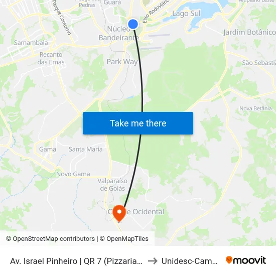 Av. Israel Pinheiro | QR 7 (Pizzaria Aurélio) to Unidesc-Campus 1 map