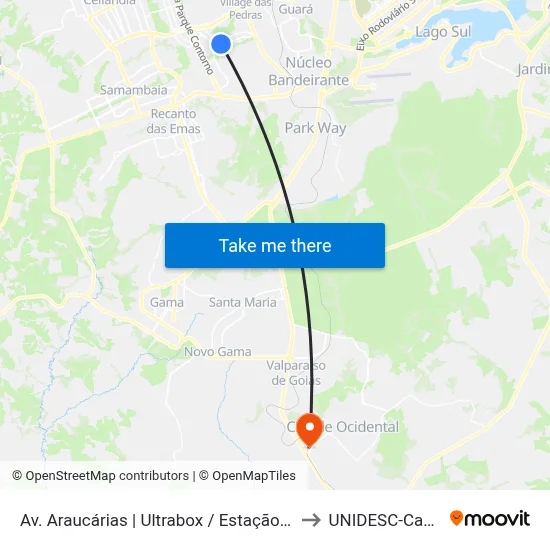 Av. Araucárias | Ultrabox / Estação Águas Claras to UNIDESC-Campus 1 map