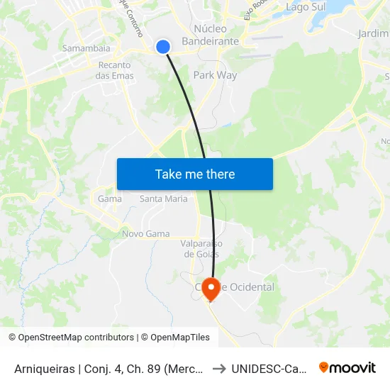 Arniqueiras | Conj. 4, Ch. 89 (Mercado Floresta) to UNIDESC-Campus 1 map