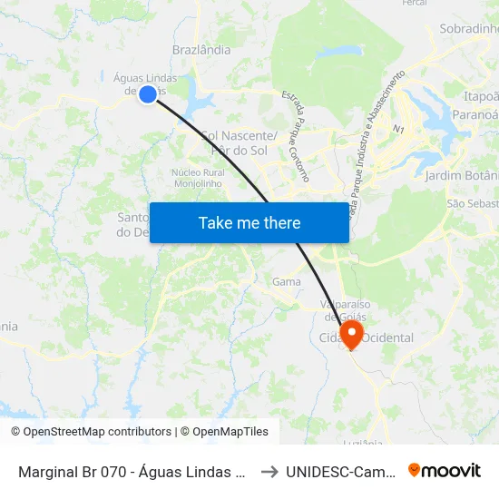 Marginal Br 070 - Águas Lindas Shopping to UNIDESC-Campus 1 map
