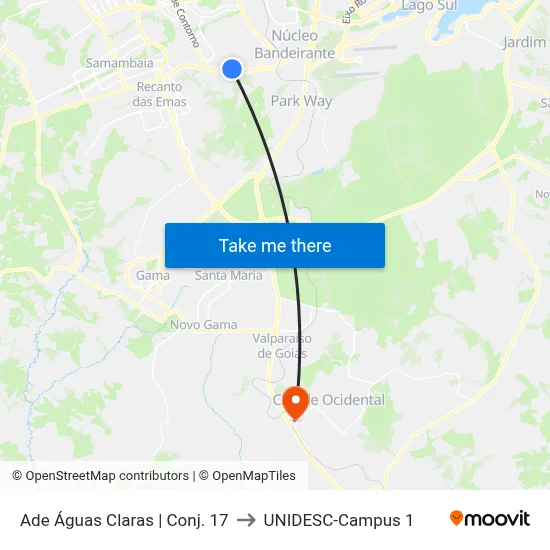 Ade Águas Claras | Conj. 17 to UNIDESC-Campus 1 map