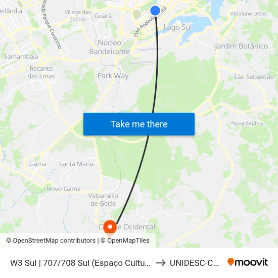 W3 Sul | 707/708 Sul (Espaço Cultural Renato Russo) to UNIDESC-Campus 1 map