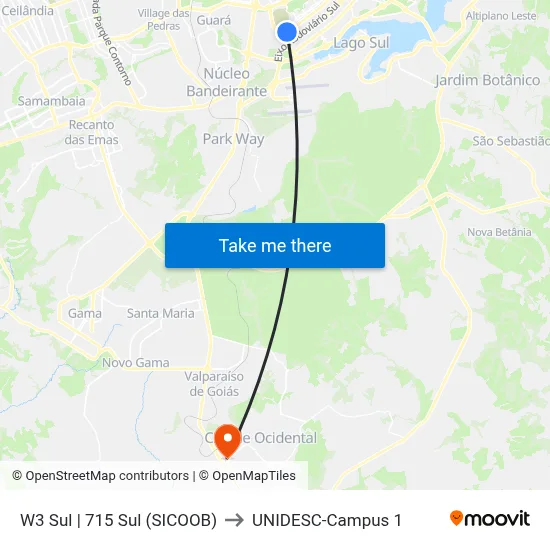 W3 Sul | 715 Sul (SICOOB) to UNIDESC-Campus 1 map