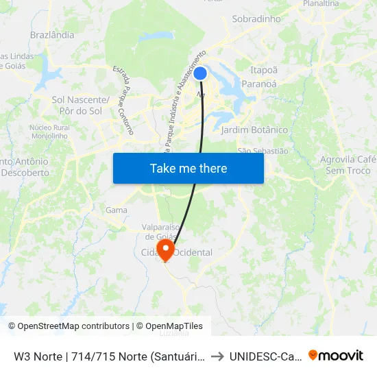 W3 Norte | 714/715 Norte (Santuário São Francisco) to UNIDESC-Campus 1 map