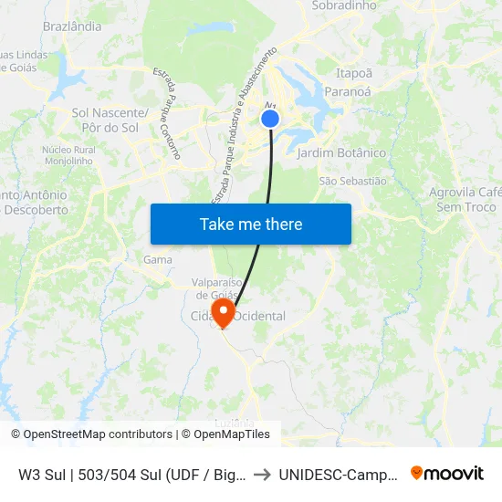 W3 Sul | 503/504 Sul (UDF / Big Box) to UNIDESC-Campus 1 map