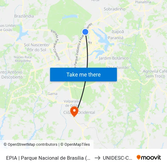 EPIA | Parque Nacional de Brasília (Portão de Serviços) to UNIDESC-Campus 1 map