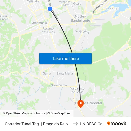 Corredor Túnel Tag. | Praça do Relógio (Sentido BSB) to UNIDESC-Campus 1 map