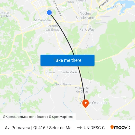Av. Primavera | QI 416 / Setor de Mansões de Taguatinga to UNIDESC-Campus 1 map
