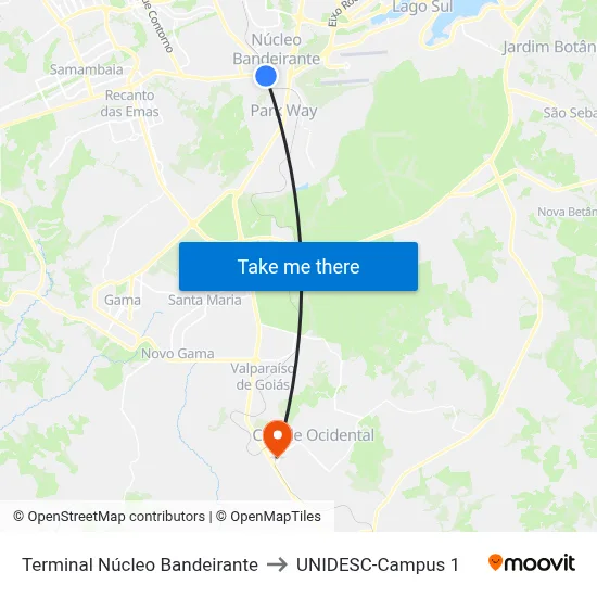 Terminal Núcleo Bandeirante to UNIDESC-Campus 1 map