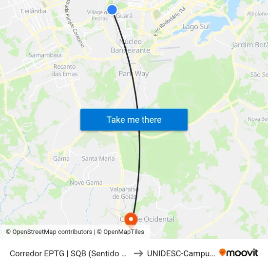 Corredor EPTG | SQB (Sentido BSB) to UNIDESC-Campus 1 map