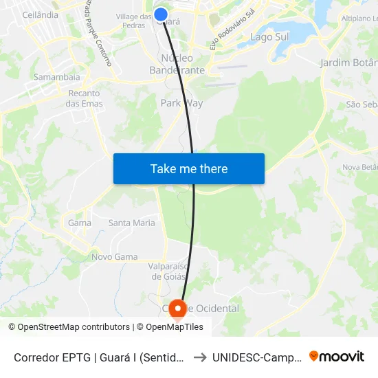 Corredor EPTG | Guará I (Sentido Tag.) to UNIDESC-Campus 1 map