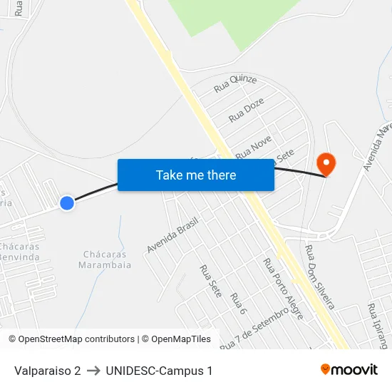 Valparaiso 2 to UNIDESC-Campus 1 map