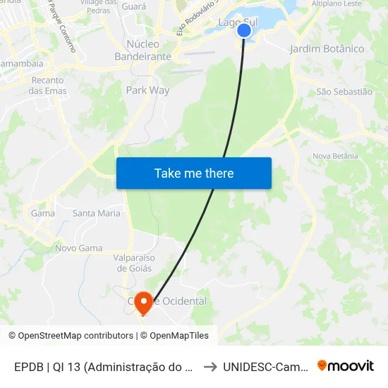 EPDB | QI 13 (Administração do Lago Sul) to UNIDESC-Campus 1 map