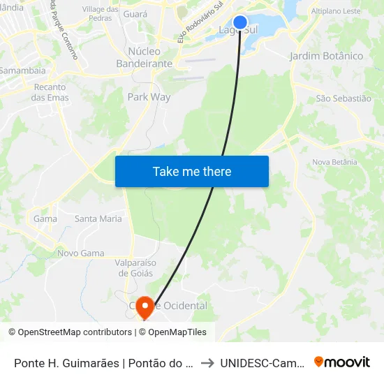 Ponte H. Guimarães | Pontão do Lago Sul to UNIDESC-Campus 1 map