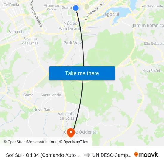 Sof Sul - Qd 04 (Comando Auto Peças) to UNIDESC-Campus 1 map