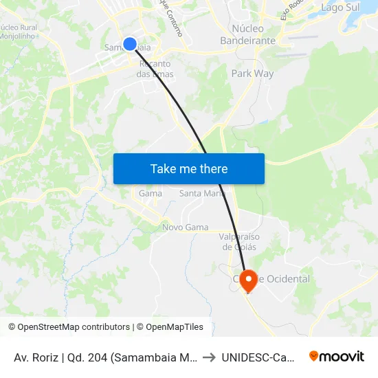 Av. Roriz | Qd. 204 (Samambaia Mall / Bares) to UNIDESC-Campus 1 map