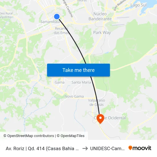 Av. Roriz | Qd. 414 (Casas Bahia / Primor) to UNIDESC-Campus 1 map