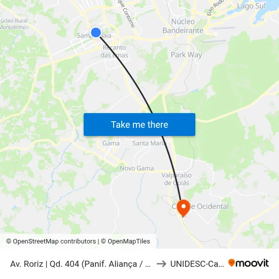 Av. Roriz | Qd. 404 (Panif. Aliança / Samambaia Mall) to UNIDESC-Campus 1 map