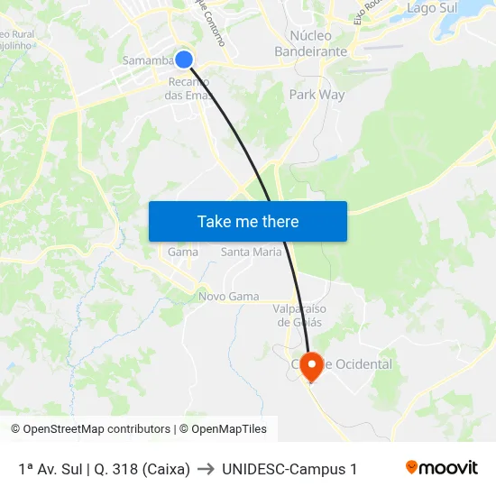 1ª Av. Sul | Q. 318 (Caixa) to UNIDESC-Campus 1 map