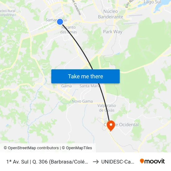 1ª Av. Sul | Q. 306 (Barbrasa/Colégio Biângulo) to UNIDESC-Campus 1 map