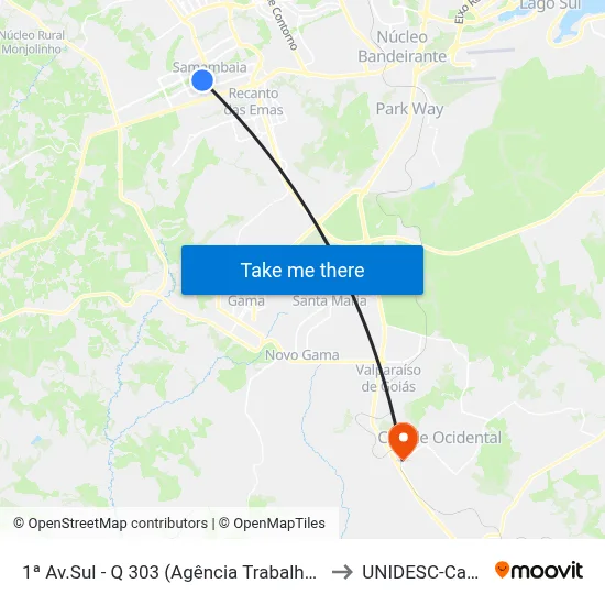 1ª Av.Sul - Q 303 (Agência Trabalhador/Correios) to UNIDESC-Campus 1 map