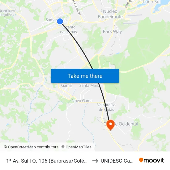 1ª Av. Sul | Q. 106 (Barbrasa/Colégio Biângulo) to UNIDESC-Campus 1 map