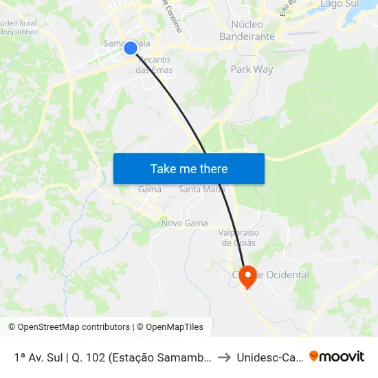 1ª Av. Sul | Q. 102 (Estação Samambaia / Castelo Forte) to Unidesc-Campus 1 map