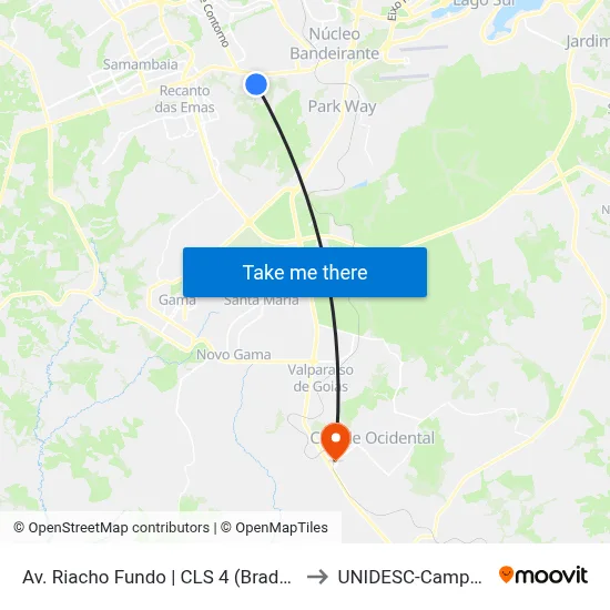 Av. Riacho Fundo | CLS 4 (Bradesco) to UNIDESC-Campus 1 map