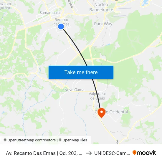 Av. Recanto Das Emas | Qd. 203, Conjunto 1 to UNIDESC-Campus 1 map