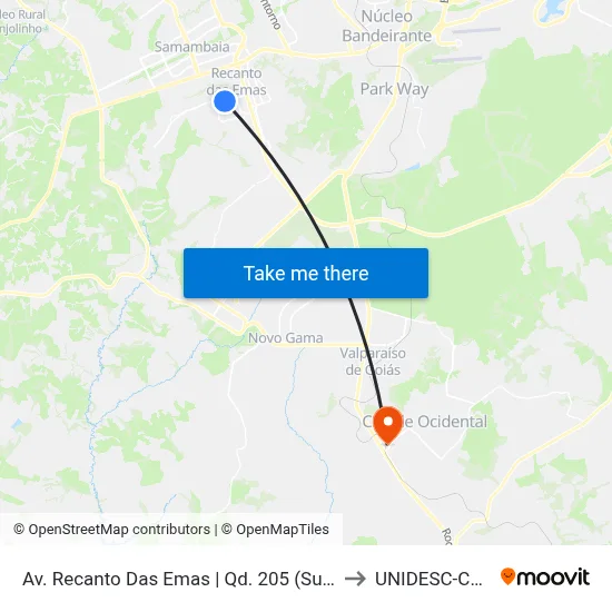 Av. Recanto Das Emas | Qd. 205 (Supermercado Euro) to UNIDESC-Campus 1 map
