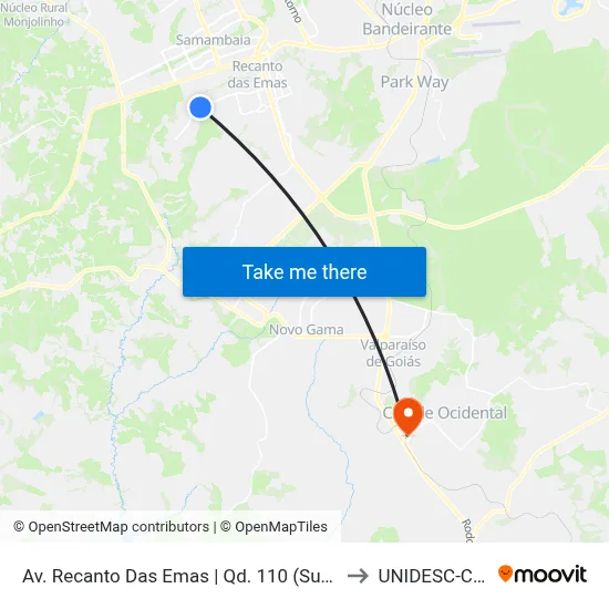 Av. Recanto Das Emas | Qd. 110 (Supermercado Quibom) to UNIDESC-Campus 1 map