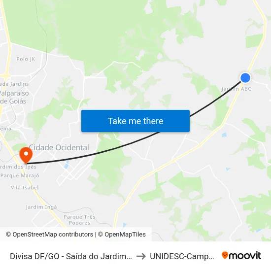 Divisa DF/GO - Saída do Jardim ABC to UNIDESC-Campus 1 map