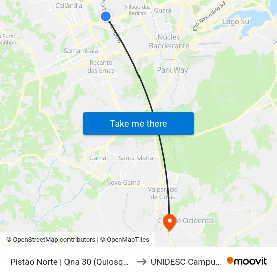 Pistão Norte | Qna 30 (Quiosques) to UNIDESC-Campus 1 map