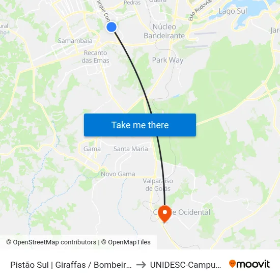 Pistão Sul | Giraffas / Bombeiros to UNIDESC-Campus 1 map