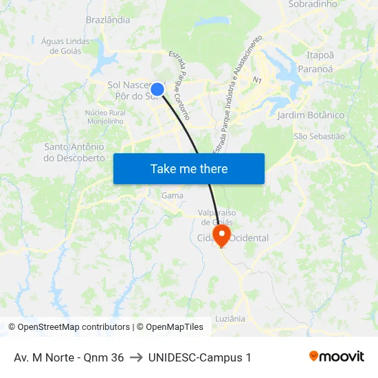 Av. M Norte - Qnm 36 to UNIDESC-Campus 1 map