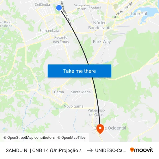 SAMDU N. | CNB 14 (UniProjeção / HRT / Fórum) to UNIDESC-Campus 1 map