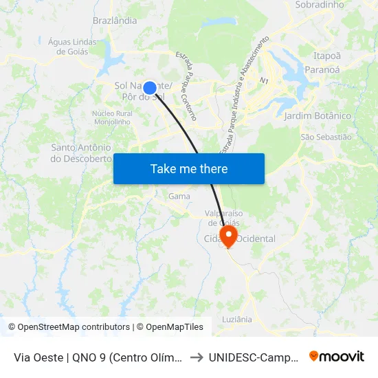 Via Oeste | QNO 9 (Centro Olímpico) to UNIDESC-Campus 1 map