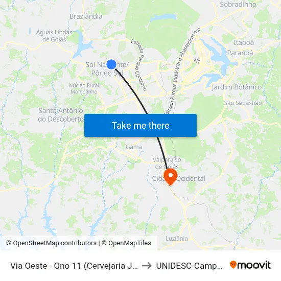 Via Oeste - Qno 11 (Cervejaria Junin) to UNIDESC-Campus 1 map