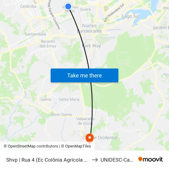 Shvp | Rua 4 (Ec Colônia Agrícola Vicente Pires) to UNIDESC-Campus 1 map