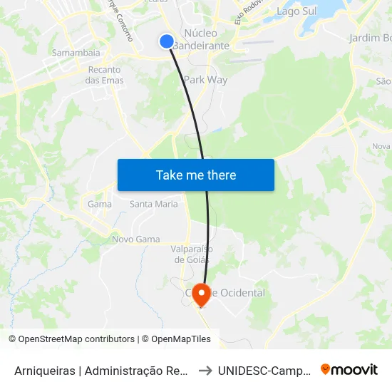 Arniqueiras | Administração Regional to UNIDESC-Campus 1 map