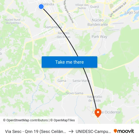 Via Sesc - Qnn 19 (Sesc Ceilândia) to UNIDESC-Campus 1 map