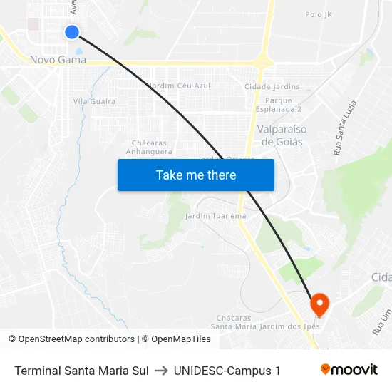 Terminal Santa Maria Sul to UNIDESC-Campus 1 map