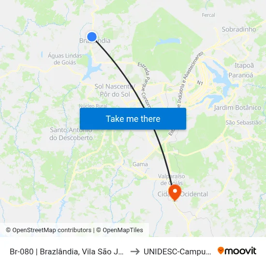 Br-080 | Brazlândia, Vila São José to UNIDESC-Campus 1 map