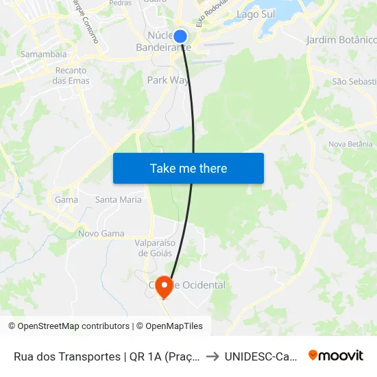 Rua dos Transportes | QR 1A (Praça do Bosque) to UNIDESC-Campus 1 map